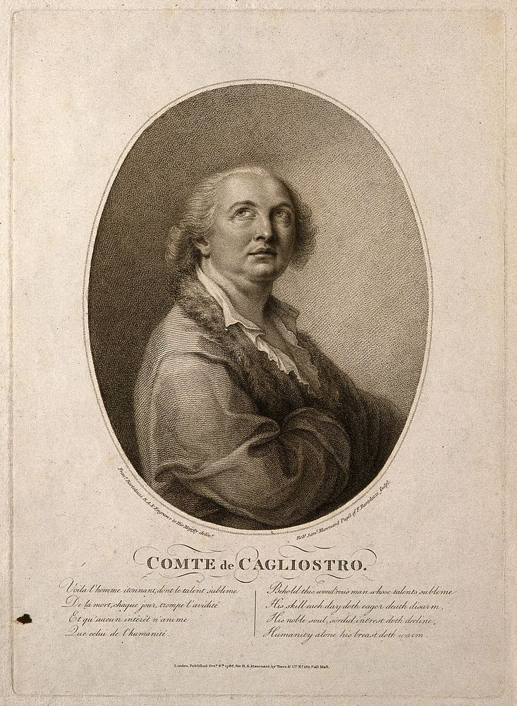 Giuseppe Balsamo Cagliostro. Stipple engraving by R.S. Marcuard, 1786, after F. Bartolozzi.