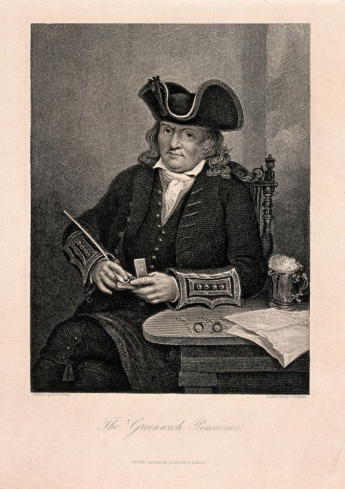 A Greenwich pensioner, filling a pipe with tobacco, a tankard of ale at his elbow. Engraving by J. Jenkins after M. W. Sharp.