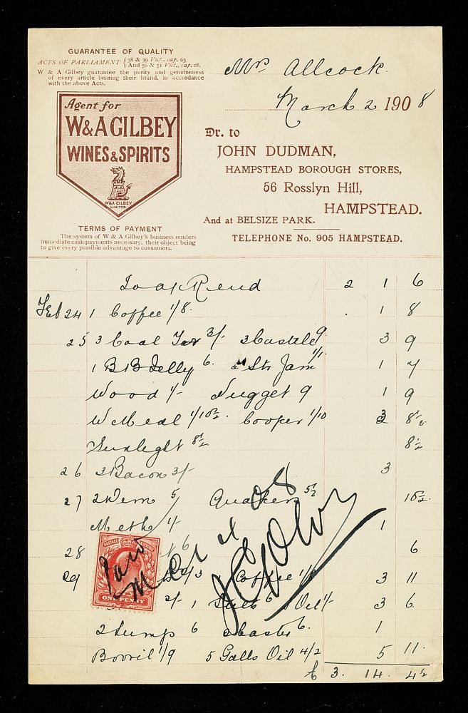 Dr. to John Dudman, Hampstead Borough Stores, 56 Rosslyn Hill, Hampstead : and at Belsize Park : telephone no. 905 Hampstead.