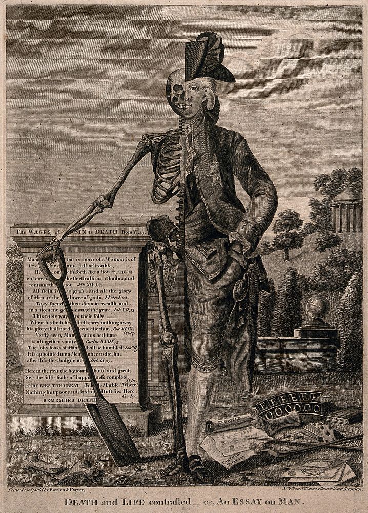 A man, half human and half skeleton. Etching.