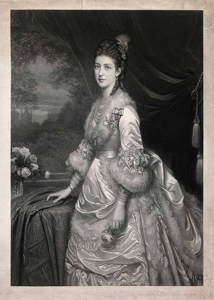 Alexandra Princess of Wales, standing and holding a rose. Engraving by J. Ballin after H.B. Olrik, 1873.