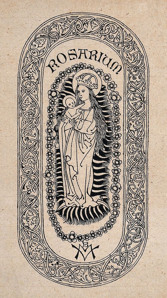 Saint Mary (the Blessed Virgin) with the Christ Child. Woodcut.