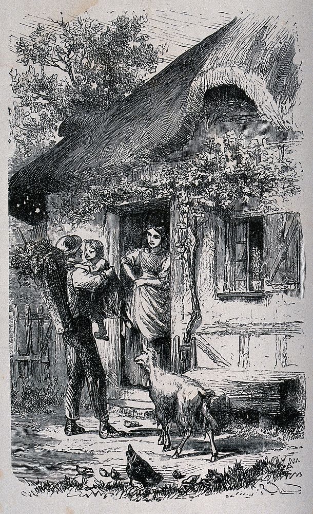A family at the door of their thatched cottage with the child in the father's arms and the mother in the doorway. Wood…