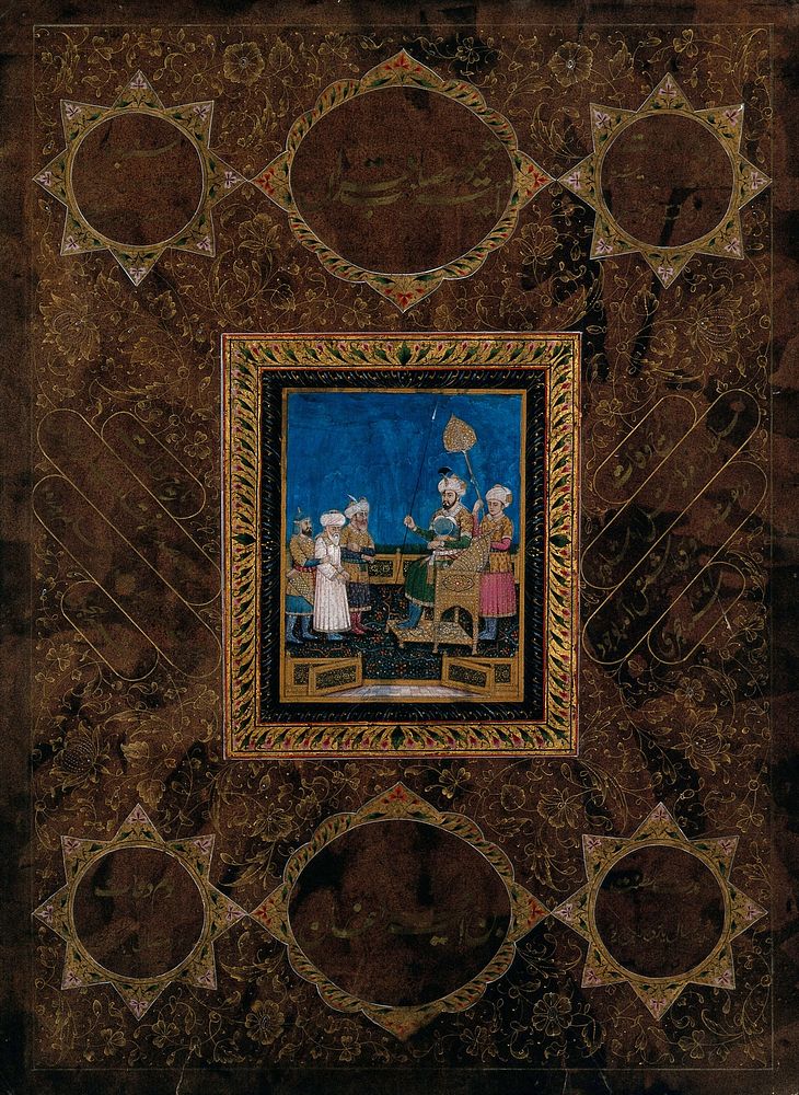 Mughal Emperor Shah Jahan  on a throne, with a man held by two soldiers standing before him. Gouache painting by an Indian…