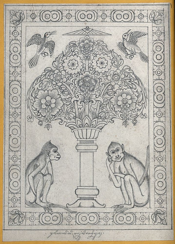 Temple sculpture: a tree with two monkeys and two birds surrounded by a decorative border. Pencil drawing.