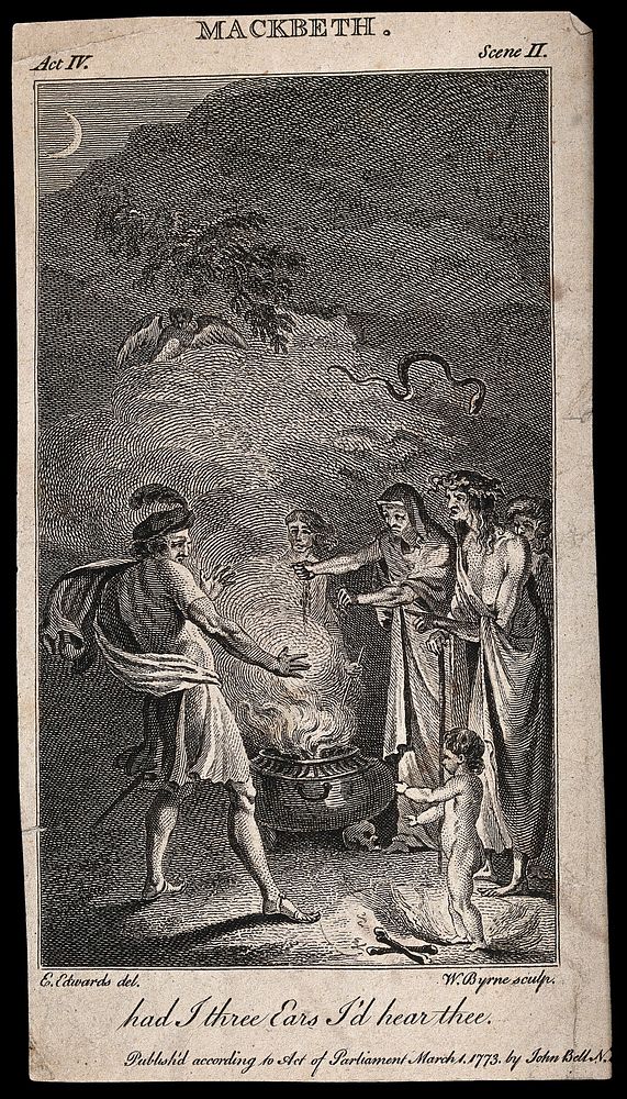 Macbeth consults the three witches; an apparition appears of a bloody child, who calls Macbeth's name three times. Engraving…