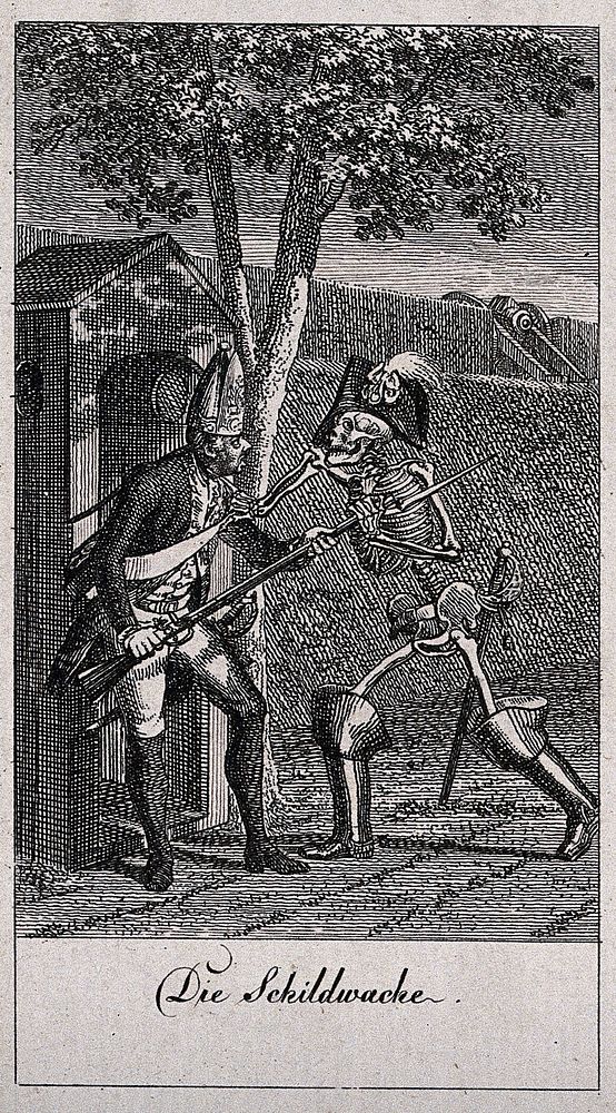 The dance of death: the sentinel. Etching by D.-N. Chodowiecki, 1791, after himself.