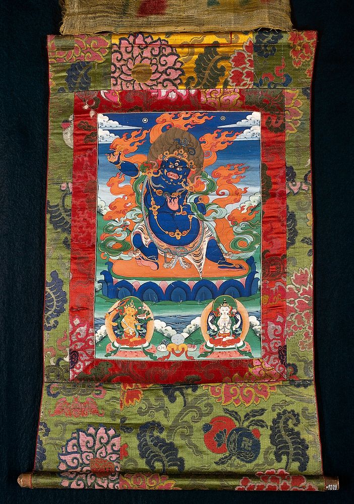 The three Buddhist deities Vajrapāṇi, Mañjuśrī and Avalokiteśvara. Distemper painting by a Tibetan painter.