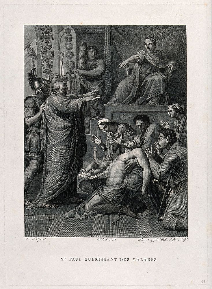 Saint Paul healing the sick. Engraving by H. Pauquet and J. Massard, 18--, after Molinchon after E. Le Sueur, 1645.