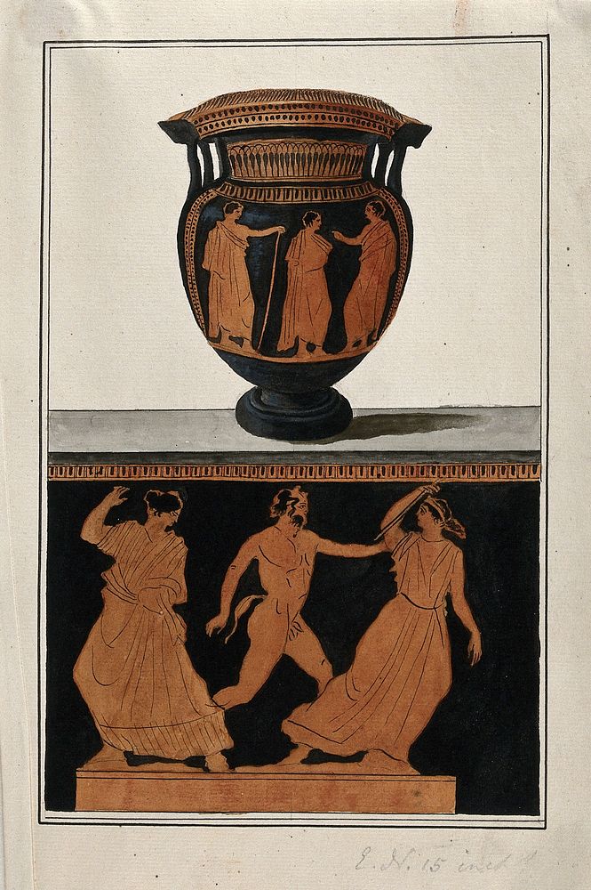 Above, red-figured Greek wine bowl (column krater); below, detail of the decoration showing two women and a satyr.…