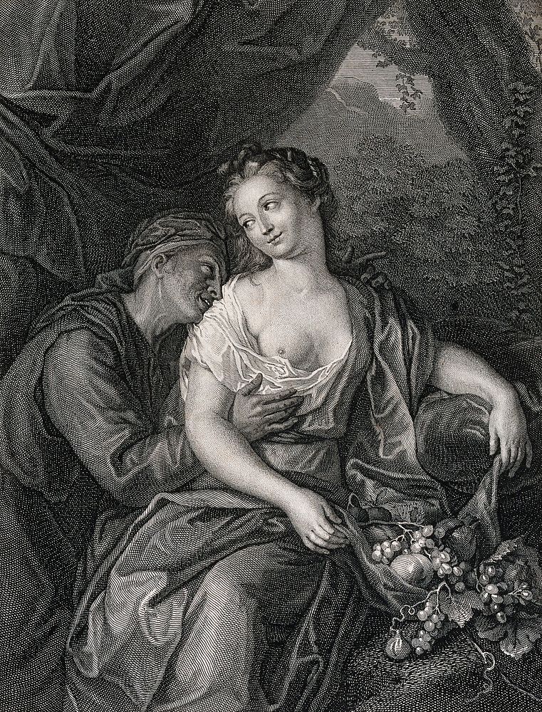 Vertumnus and Pomona as lovers. Engraving by M. Pool after J. Courtin.