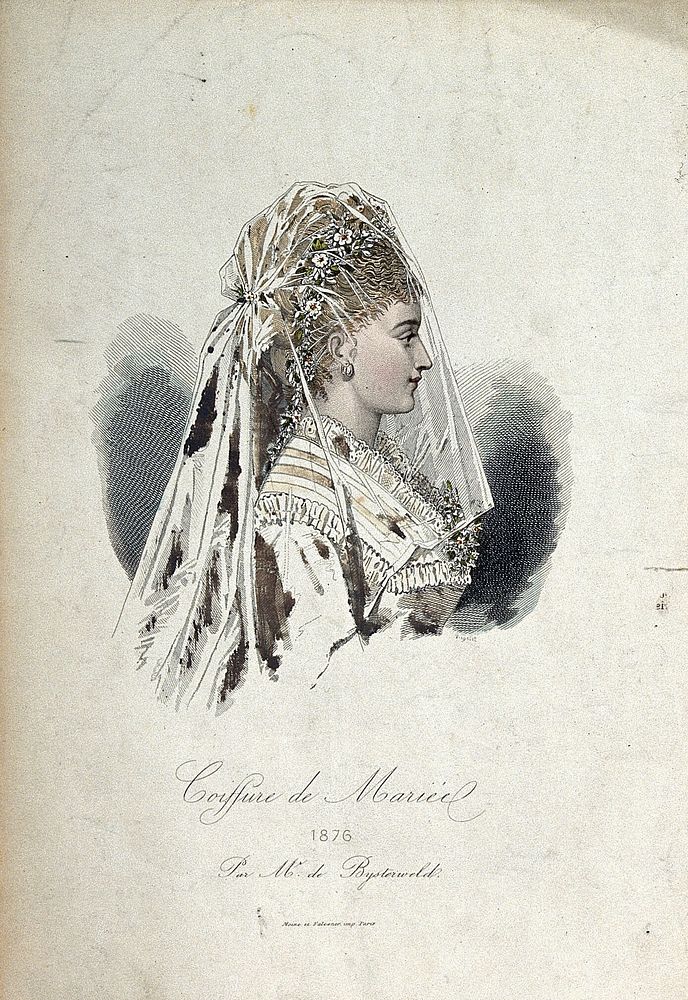 The head and shoulders of a woman in profile to the right wearing a wedding head-dress and veil. Coloured line block, 1876…