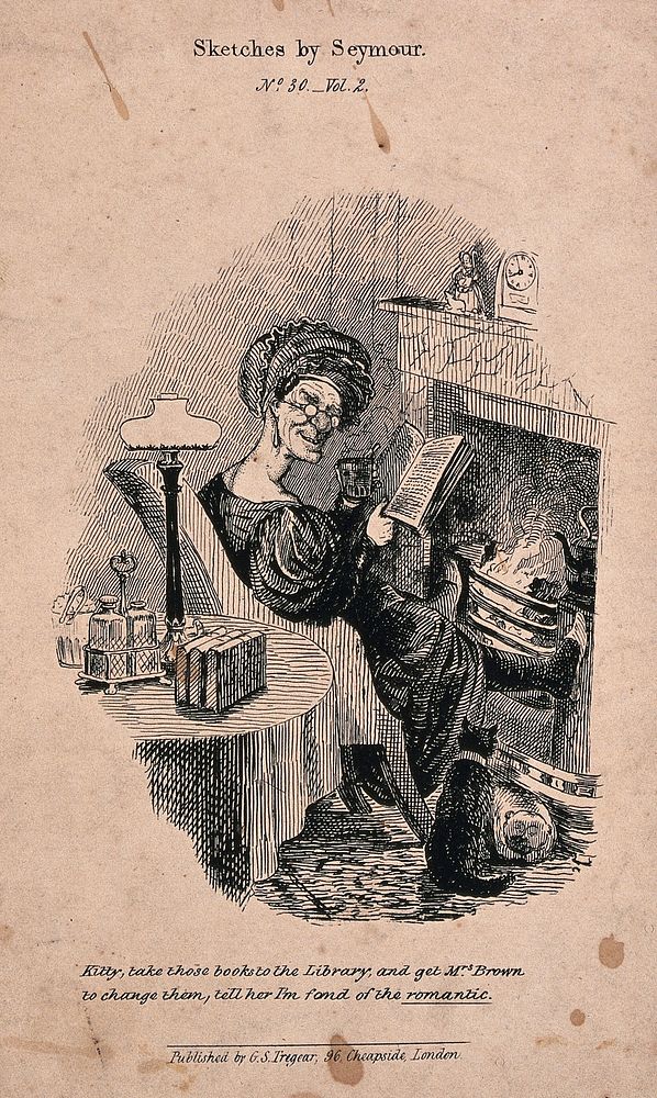An elderly woman reading a novel by the fire asks her maid to change her library books, with a preference for romantic…