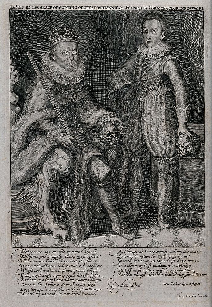 King James I of England and VI of Scotland with Charles Prince of Wales. Engraving by W. van de Passe, ca. 1625.