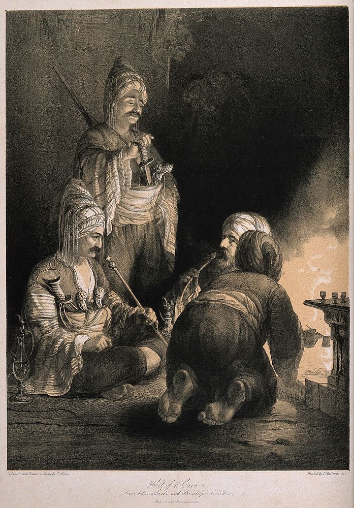 Three Turkish soldiers gathered round a fire in the dark, smoking pipes. Lithograph by T. Allom, ca. 1839.