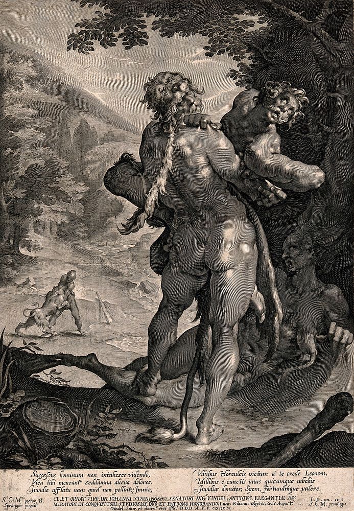 Hercules and Antaeus. Engraving by L. Kilian, 1610, after B. Spranger.