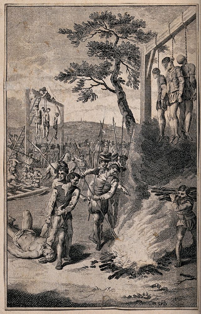 A mass-execution where men are hung above a burning bonfire. Etching.
