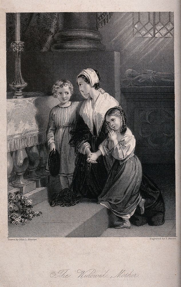 Two young children comfort their mother as she mourns at the tomb of her dead husband. Engraving by F. Bacon after Miss L.…