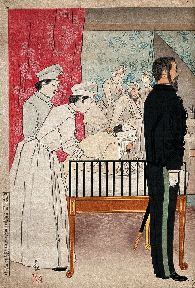 Russo-Japanese War: Red Cross nurses attending war casualties in a Japanese hospital; right, a European  man in formal…