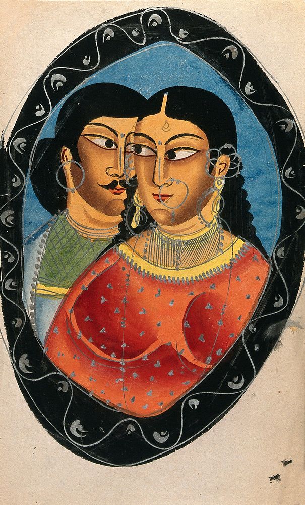Two lovers surrounded by an oval frame. Watercolour drawing.