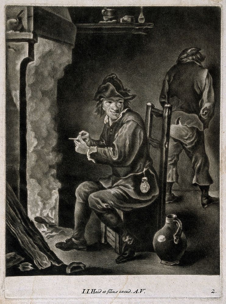 A man sits filling his pipe by the fire, behind a man relieves himself against the wall. Mezzotint by J.J. Haid et filius…