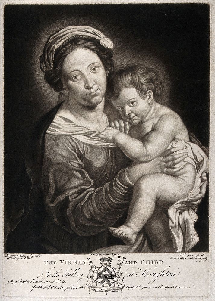 Saint Mary (the Blessed Virgin) with the Christ Child. Mezzotint by V. Green, 1774, after G. Farington after D. Zampieri, il…