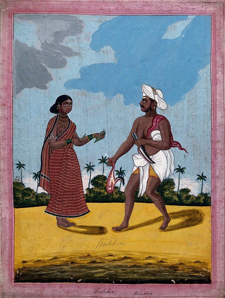 An Indian butcher and wife offering betel leaves. Gouache drawing.