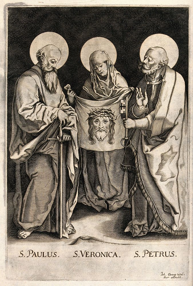 Saint Paul the Apostle, Saint Veronica and Saint Peter the Apostle. Engraving after A. Dürer.