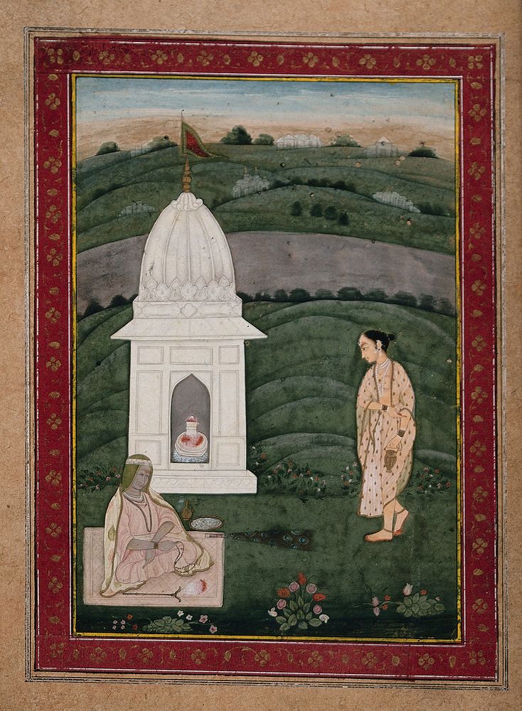 Two women at a shrine of the Shiva linga. Gouache painting by an Indian painter.