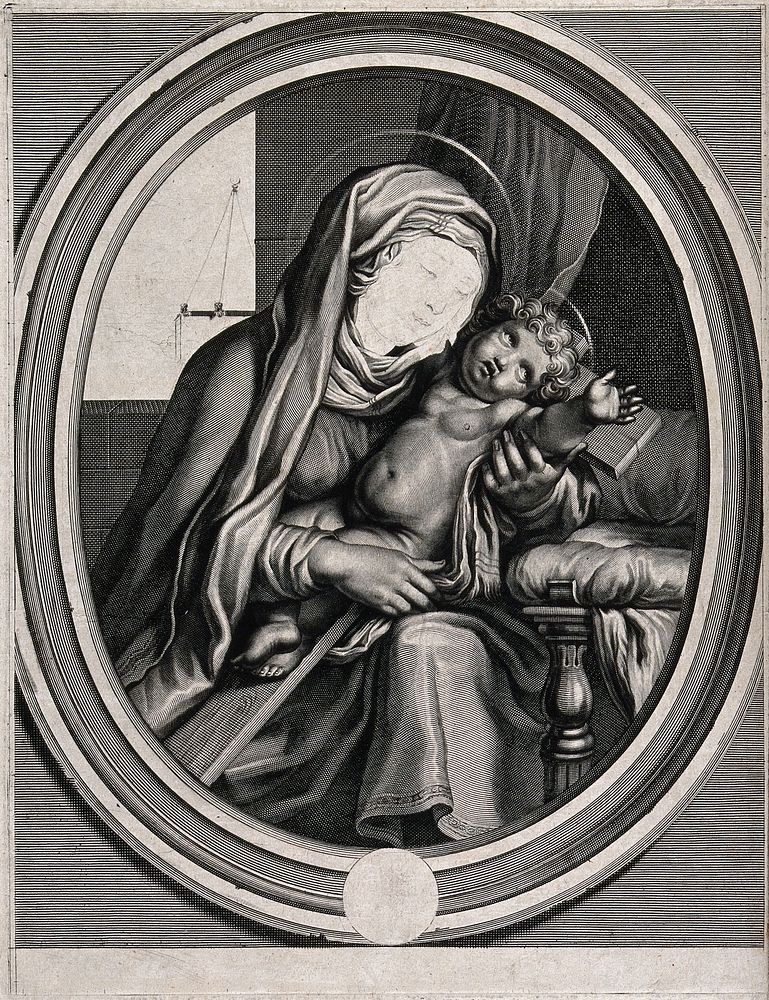 Saint Mary (the Blessed Virgin) with the Christ Child lying on the cross. Unfinished engraving after J. Gossaert (Mabuse) .