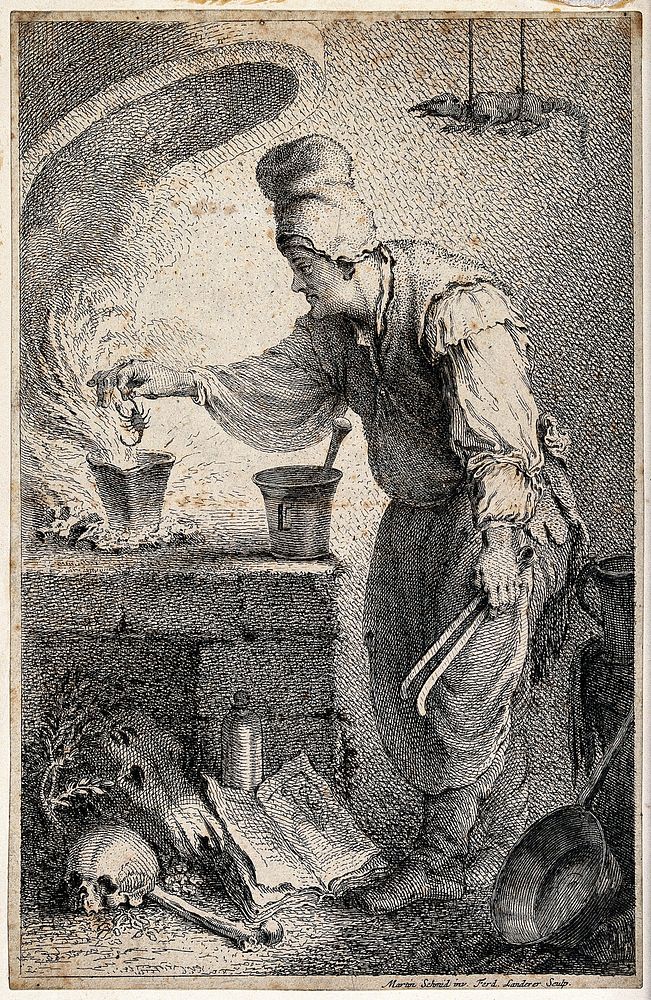 A witch placing a scorpion into a pot in order to make a potion. Etching by F. Landerer after M. Schmidt.