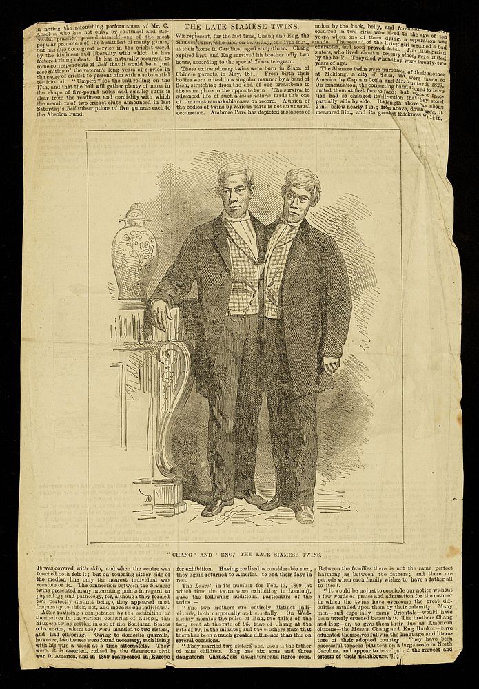 [Newspaper clipping (1874) featuring an illustration of 'The Siamese Twins' Chang and Eng and the report of their death with…