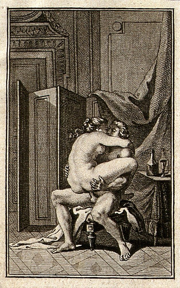 A man and a woman engaged in sexual intercourse on a chair; folding screen in the background. Etching, ca. 1780.