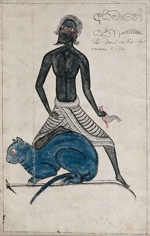 A Sinhalese black devil called Ayimane holding a cockerel in one hand and resting a leg on a giant blue cat. Gouache…