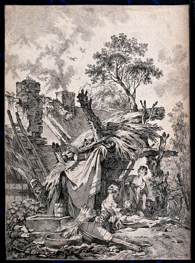 Two young women and two children shelter in a tumble-down cottage. Etching.