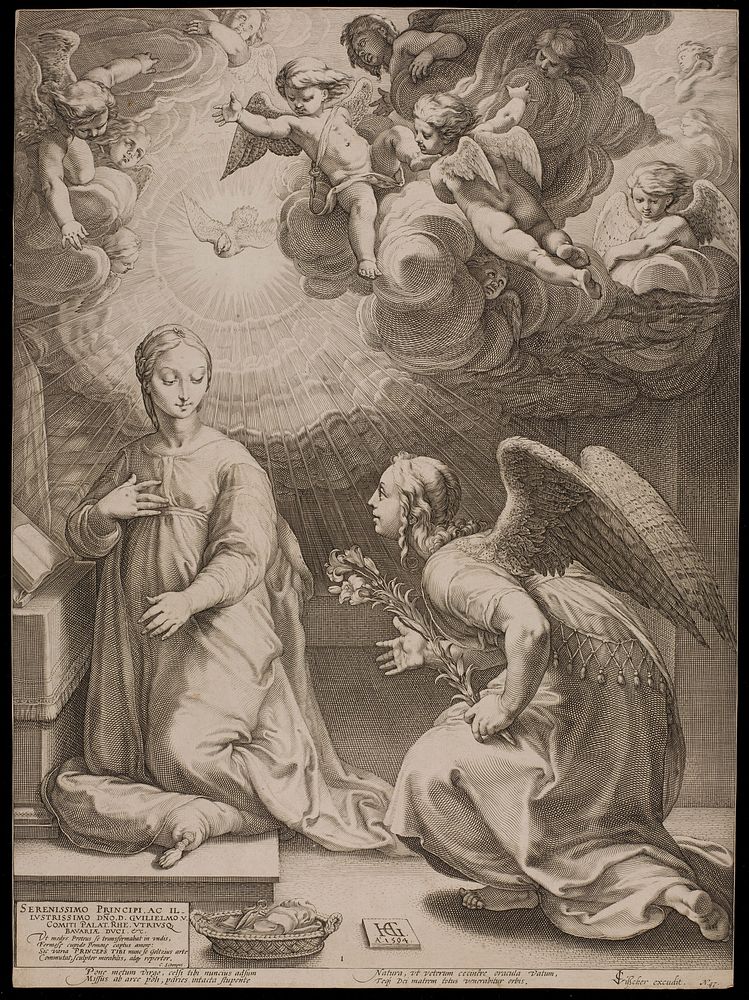 The Annunciation to the Virgin. Engraving by Hendrik Goltzius, 1594.