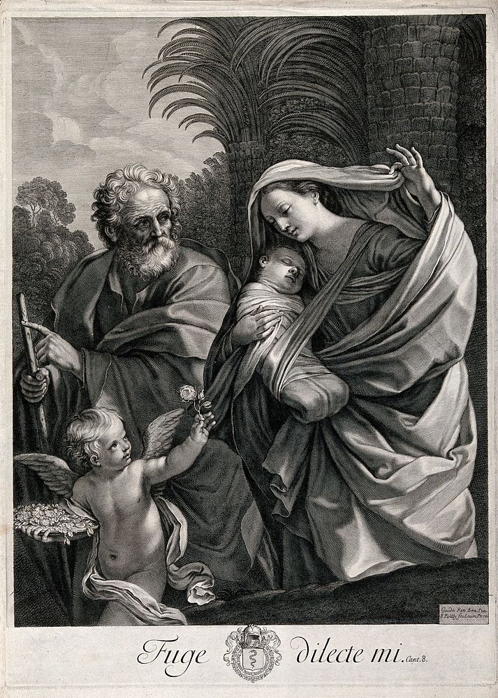 The holy family prepare to flee for Egypt. Engraving by F. Poilly after G. Reni.