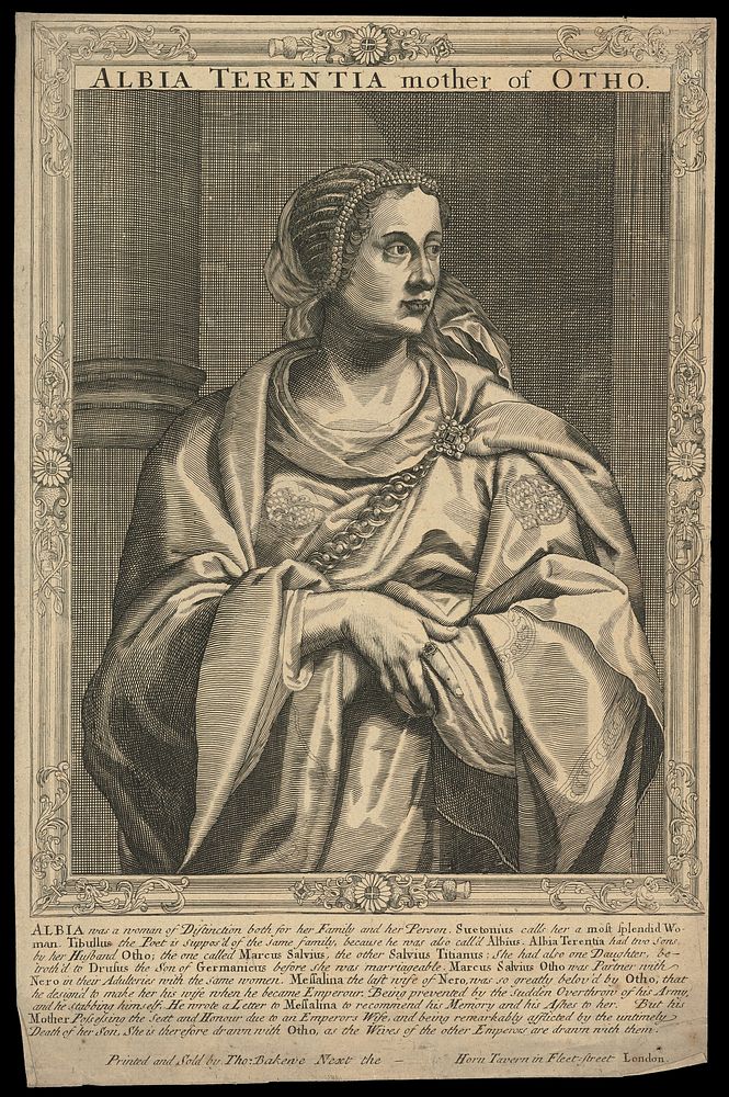 Albia Terentia, mother of Otho, Emperor of Rome. Line engraving, 16--, after A. Sadeler after Titian.