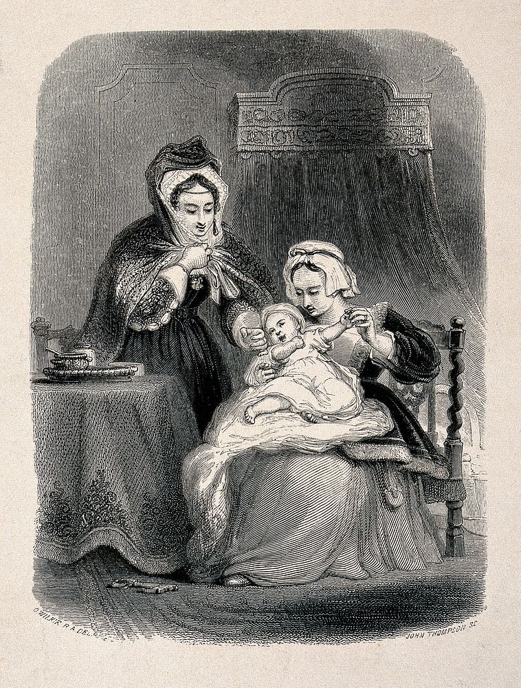 A female servant holds a small child while its fashionably dressed mother touches its face on her way out. Wood engraving by…