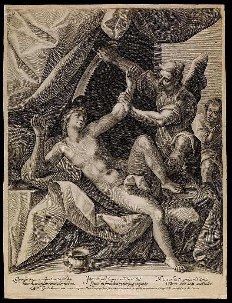 The rape of Lucretia by Tarquin. Line engraving by C. de Passe after J. van Winghe, 16--.