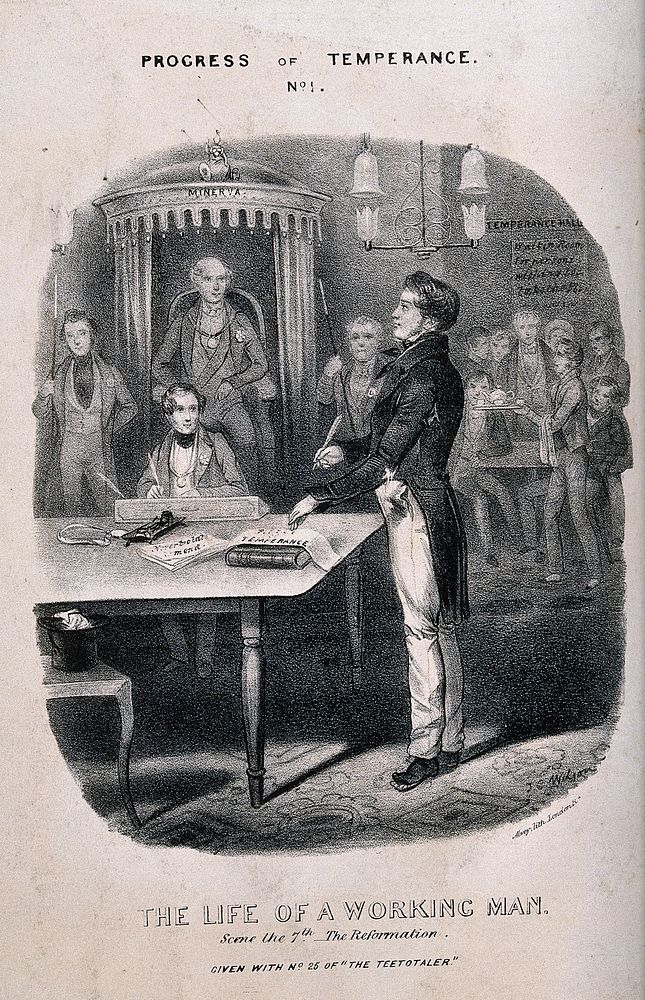A man standing in a law court vows to reform to temperance. Lithograph, c. 1840, after T. Wilson.