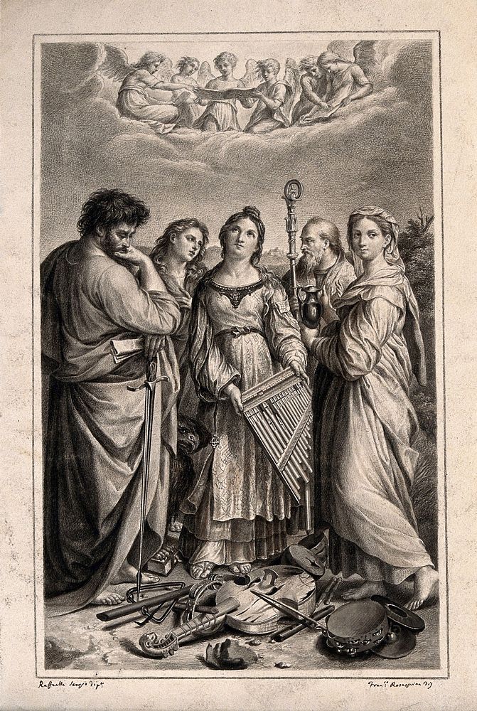 Saint Cecilia with Saint Paul the Apostle, Saint John the Evangelist, a bishop and Saint Mary Magdalen. Drawing by F.…