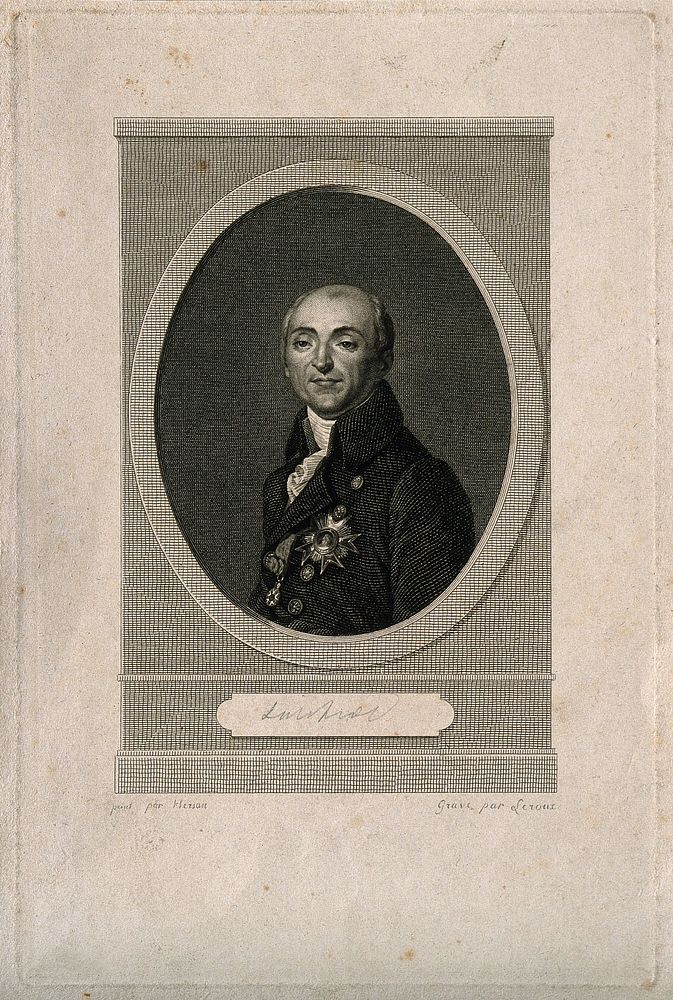 Bernard Germain Étienne de la Ville-sur-Illon, Comte de Lacépède. Line engraving by J. A. Leroux after C. L. J. Hersan.