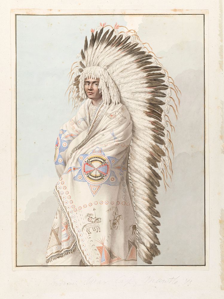 Native North American costume: a man wearing a decorated robe and a feather headdress. Watercolour attributed to Thomas…