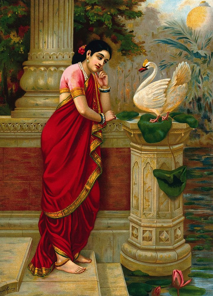 A swan telling Damayanti of Nala's love. Chromolithograph by R. Varma.