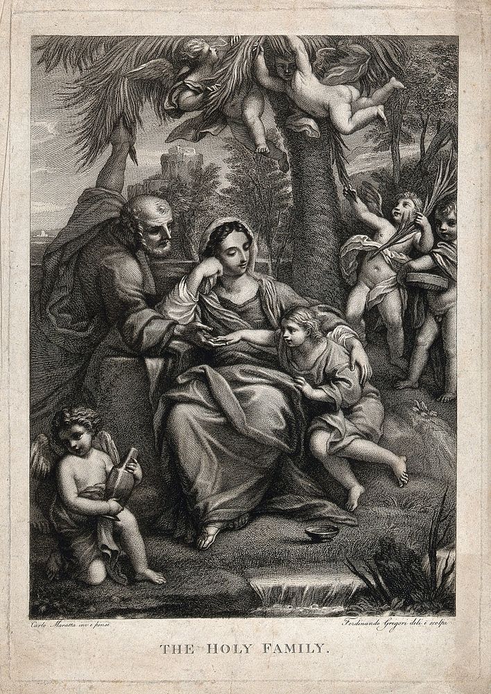 The Holy Family resting under a palm tree during the flight into Egypt. Engraving by F. Gregori after C. Maratta.