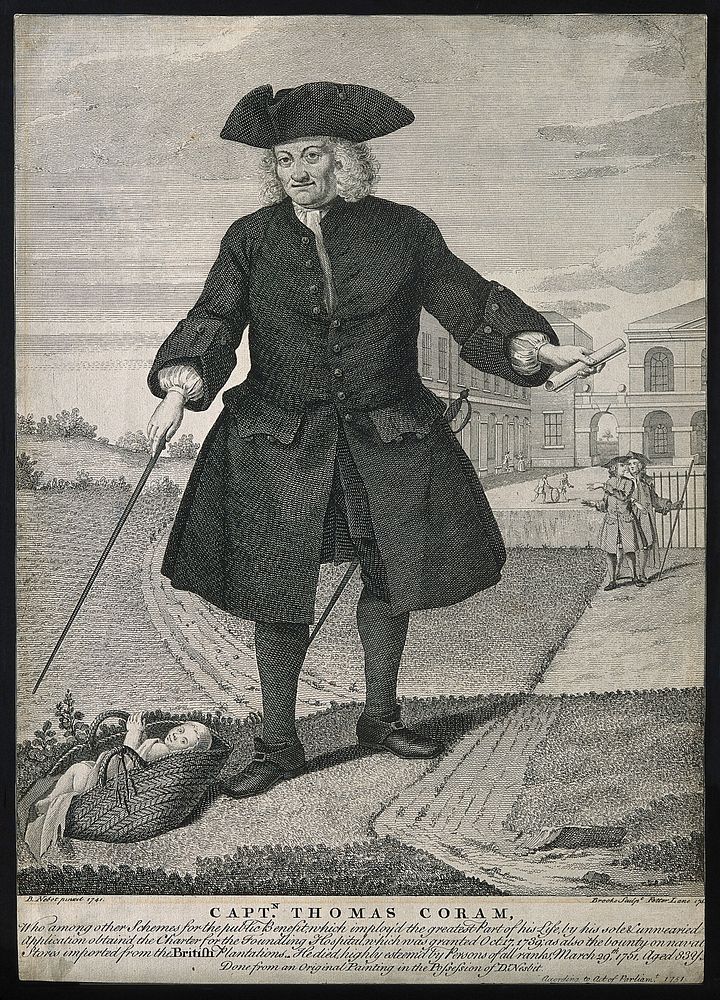 Thomas Coram, in the foreground an infant in a basket, in the background the Foundling Hospital. Line engraving by J.…