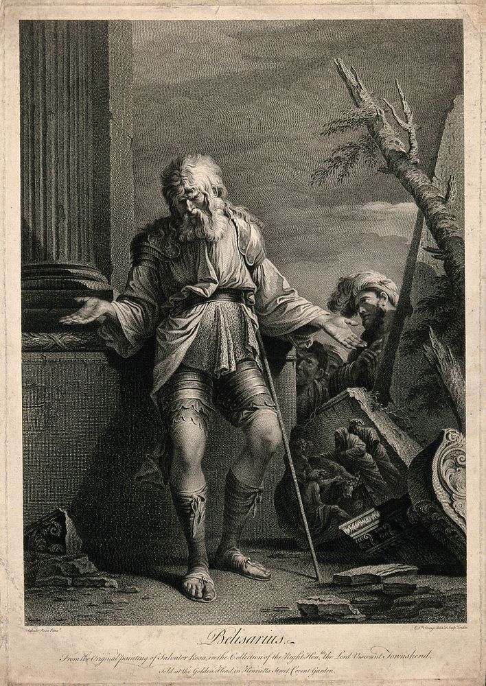 Belisarius as a blind old man with a stick, leans against a column with broken masonry around him and stretches out his…
