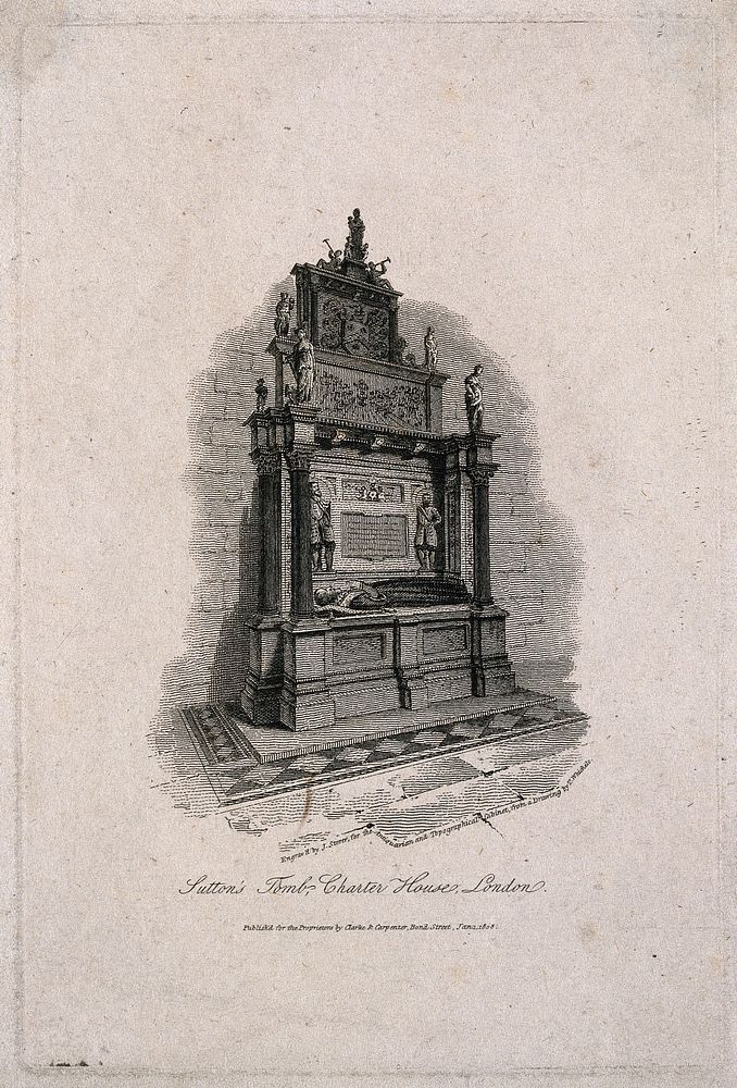 Thomas Sutton: his tomb. Line engraving by J. Storer, 1808, after T. Whichelo.