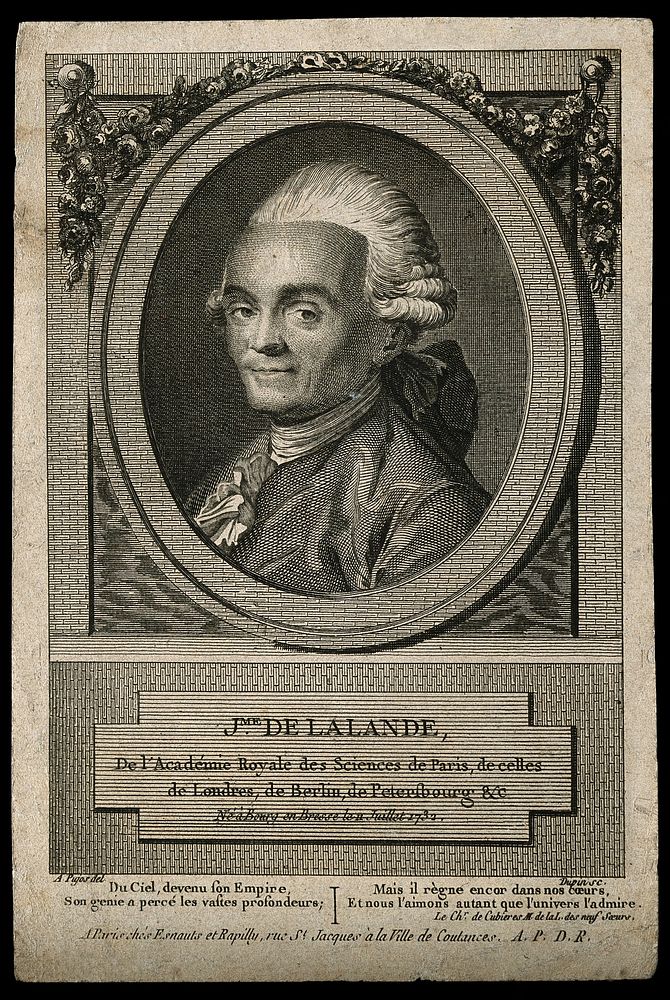 Joseph Jérome de Lalande. Line engraving by N. Dupin after A. Pujos, 1773.